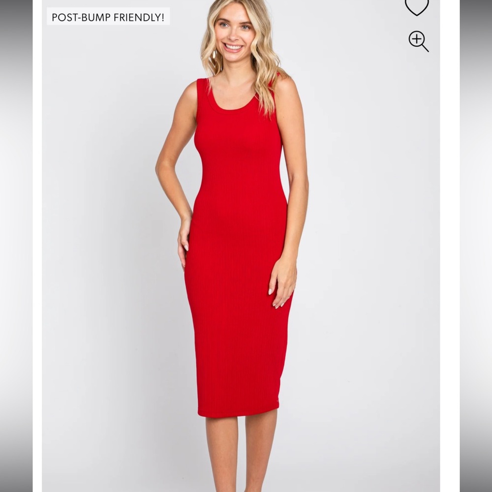 Red Sleeveless Ribbed Midi Bump Friendly Dress